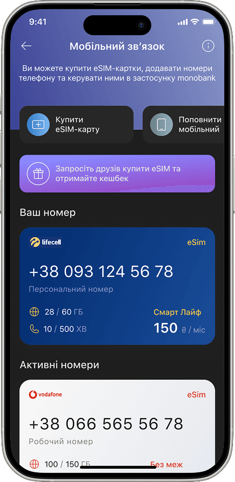 Monobank mobile connection overview — your number and active numbers with tariff usage