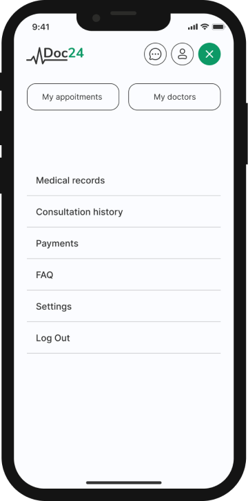 Menu — appointments, doctors and account shortcuts