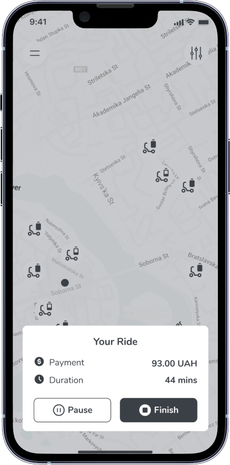 Active ride sheet with payment, duration, pause and finish