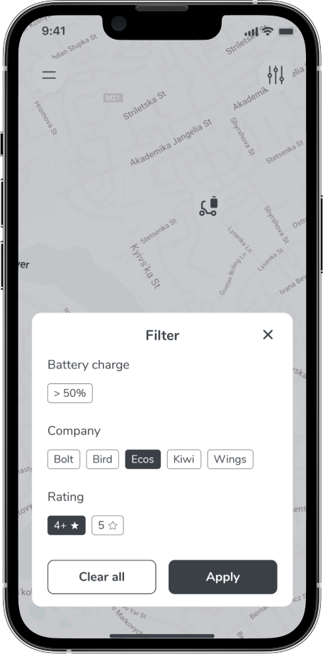 Filter modal for battery charge, company, and rating