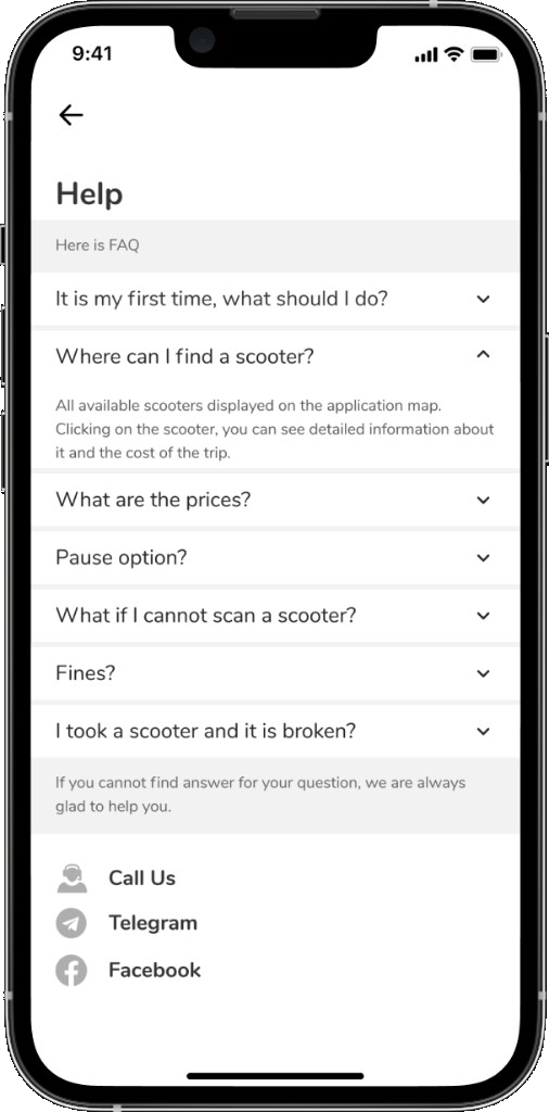Help screen with FAQ accordion and support contacts