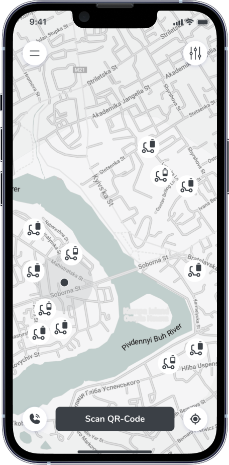 Home map with scooters and Scan QR-Code button