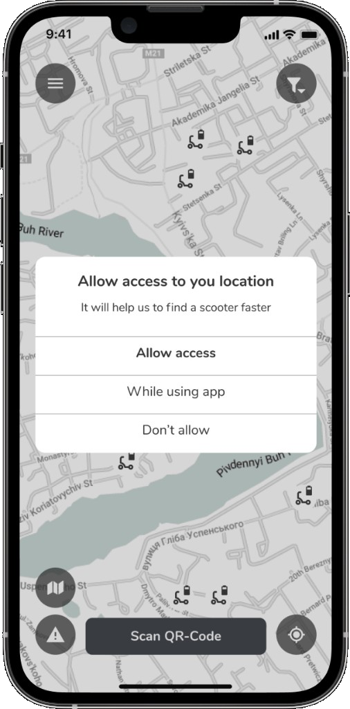 Home map with location access permission dialog