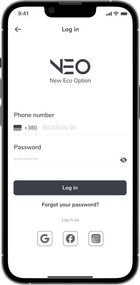 NEO log in screen with phone number, password, and social login