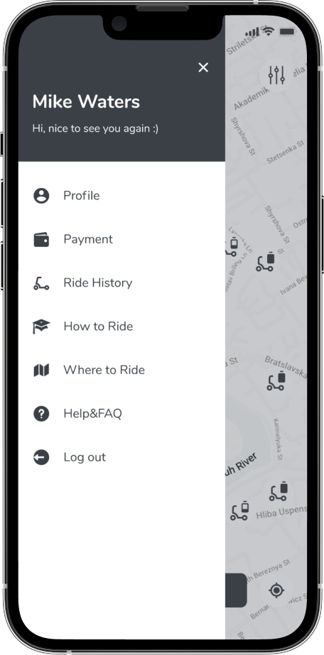 Side menu with profile, payment, ride history, and help