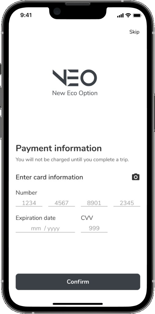 Payment information — enter card details to start riding