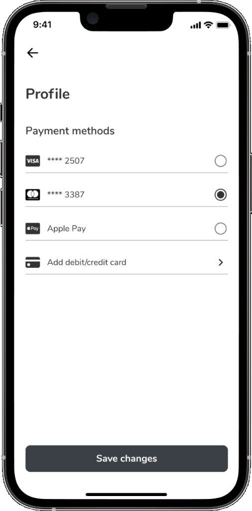 Profile payment methods — Visa, Mastercard, Apple Pay, add card