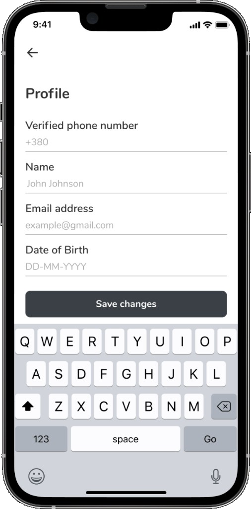 Profile edit form with phone, name, email, and date of birth