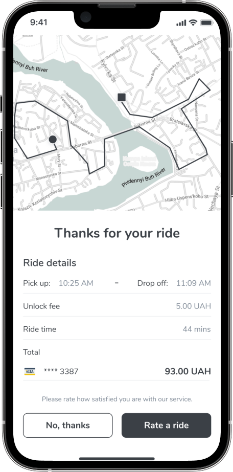 Ride complete summary with fare breakdown and rate CTA