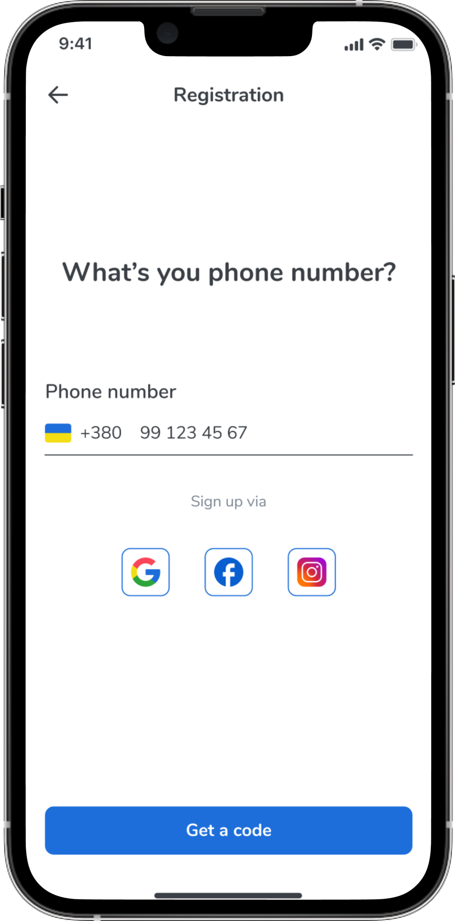 Registration — enter phone number or sign up via social