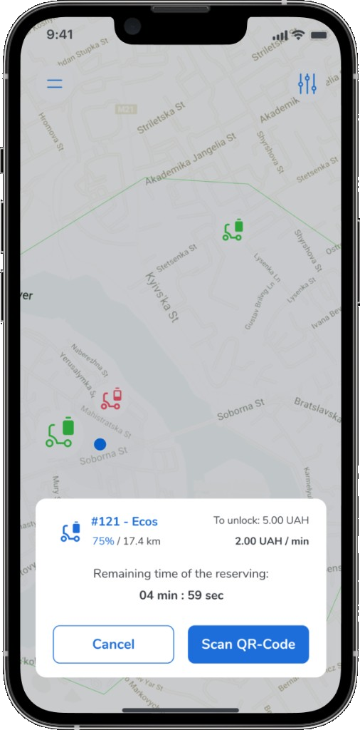 Reserve a scooter on the map with countdown and Scan QR-Code