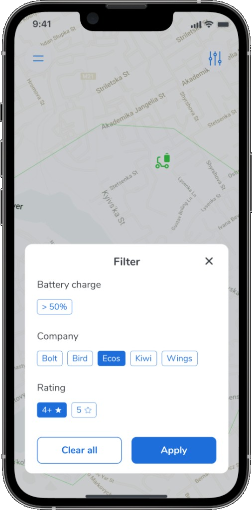 Filter sheet for battery charge, company, and rating on the map