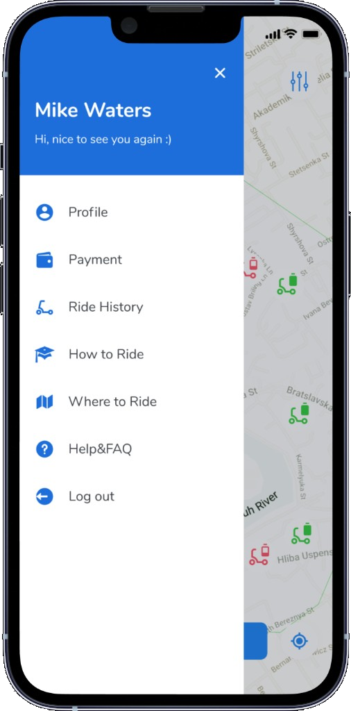 Side menu with Ride History among profile and payment links