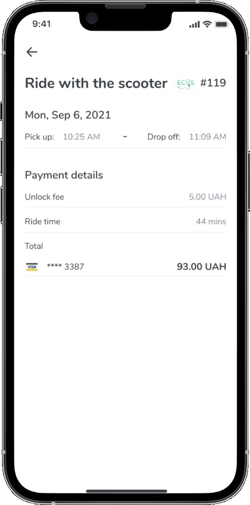 Past ride detail with payment breakdown and card used