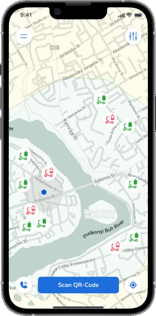 Home map with scooters nearby and Scan QR-Code to start a rental